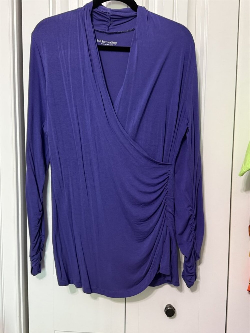 Soft Surroundings Womens Large Purple Surplice Drape Front Top Faux Wrap Jersey